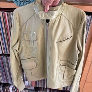 PRICE DROP: CELERY GREEN, lined size 14 LAMBSKIN LEATHER JKT by IDENTIFY